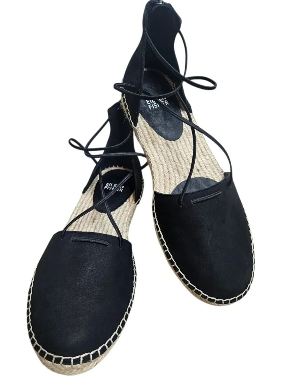 New EILEEN FISHER Black Lace-Up Espadrille Flat Sandal Women's 9 Summer Vacation